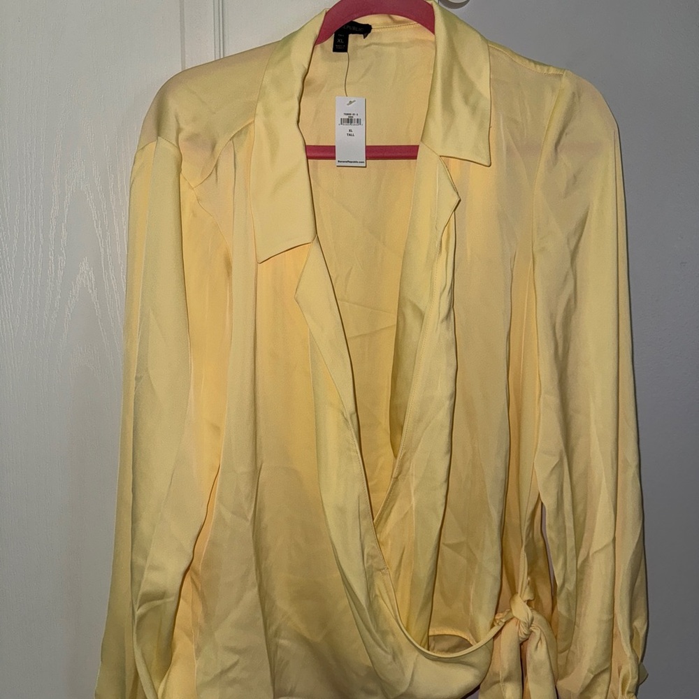 Banana Republic Yellow Notched Collar Wrap Blouse with puffy sleeves